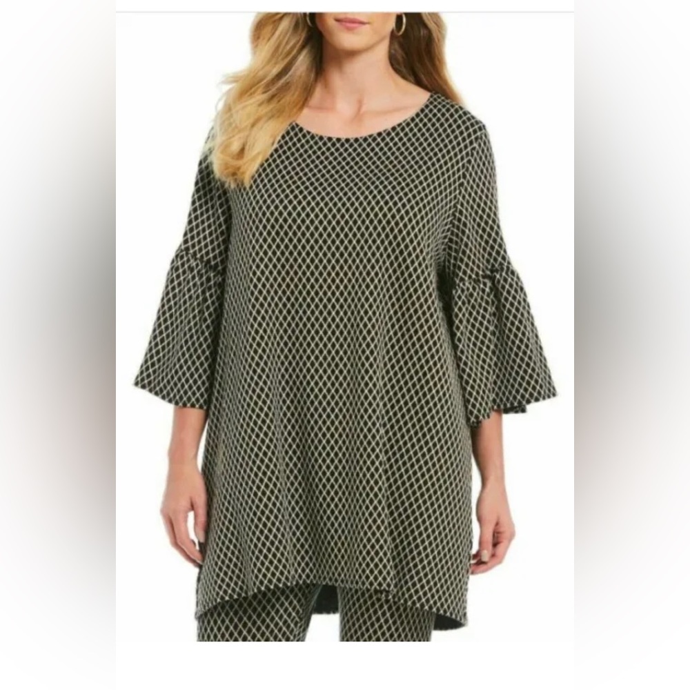 Bryn Walker Diego Diamond Jacquard Bell Sleeve Black Ivory Print Tunic Top Small
